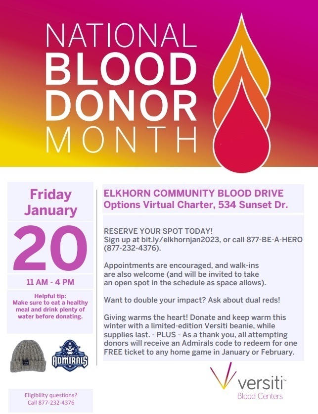 ELKHORN COMMUNITY BLOOD DRIVE Options Virtual Charter, 534 Sunset Dr.