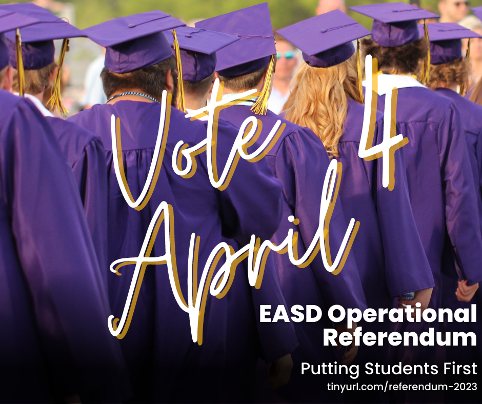 Students in cap and gown, white text "Vote, April 4"